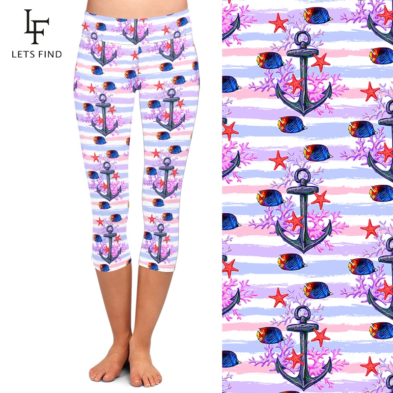 LETSFIND 220gsm Double Side Brushed Milk Silk Anchor Print Women Mid-Calf Leggings High Waist Capri Legging