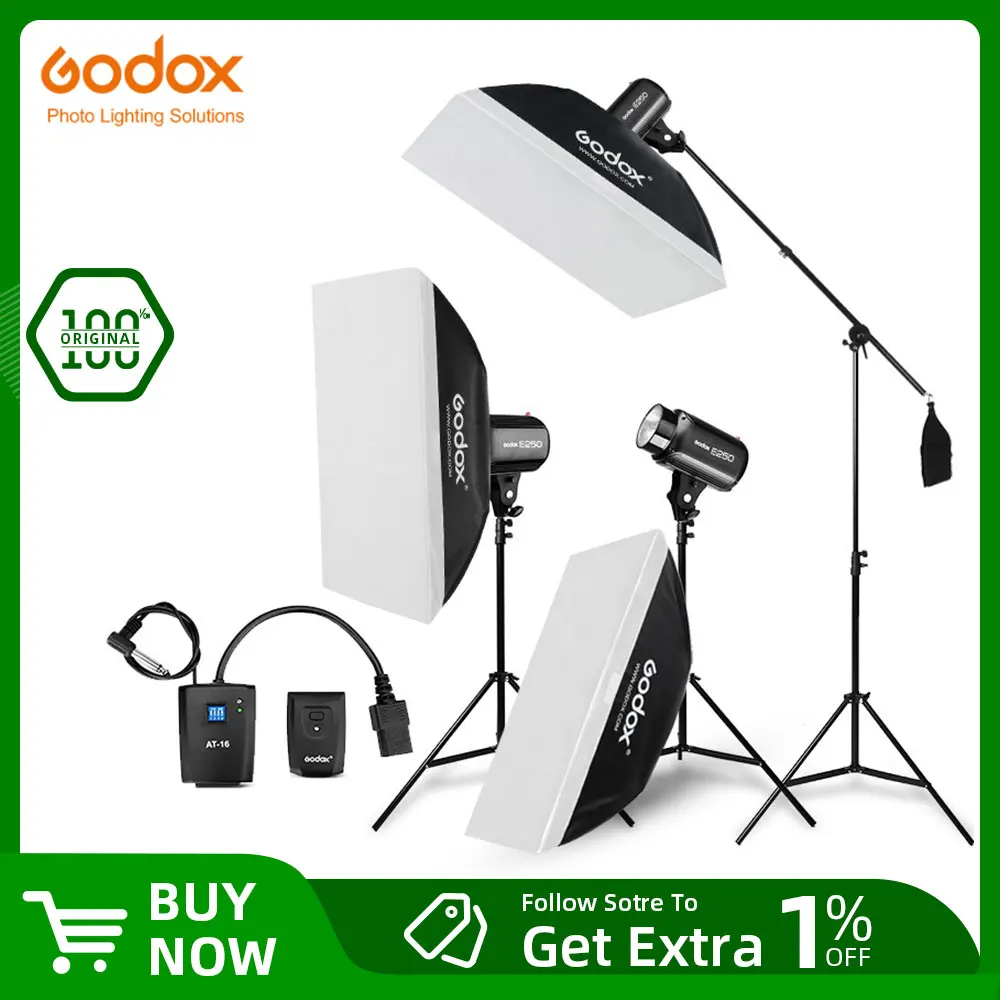 Godox E250 Strobe Studio Flash Light Kit 750W  Photographic Lighting - Strobes, Light Stands, Triggers, Soft Box,Boom Arm