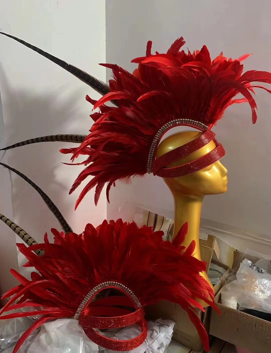 Female Singer Dancer Stage Performance Crystals Headdress Accessories Black Red Feather Rhinestones Hat Jazz Dance Cap Headgear