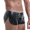 Sexy Men Boxers Shorts Low Waist Male Panties Legs Slit Underpants Imitation Leather Exotic Stage Show Night Club Gay Underwear 4