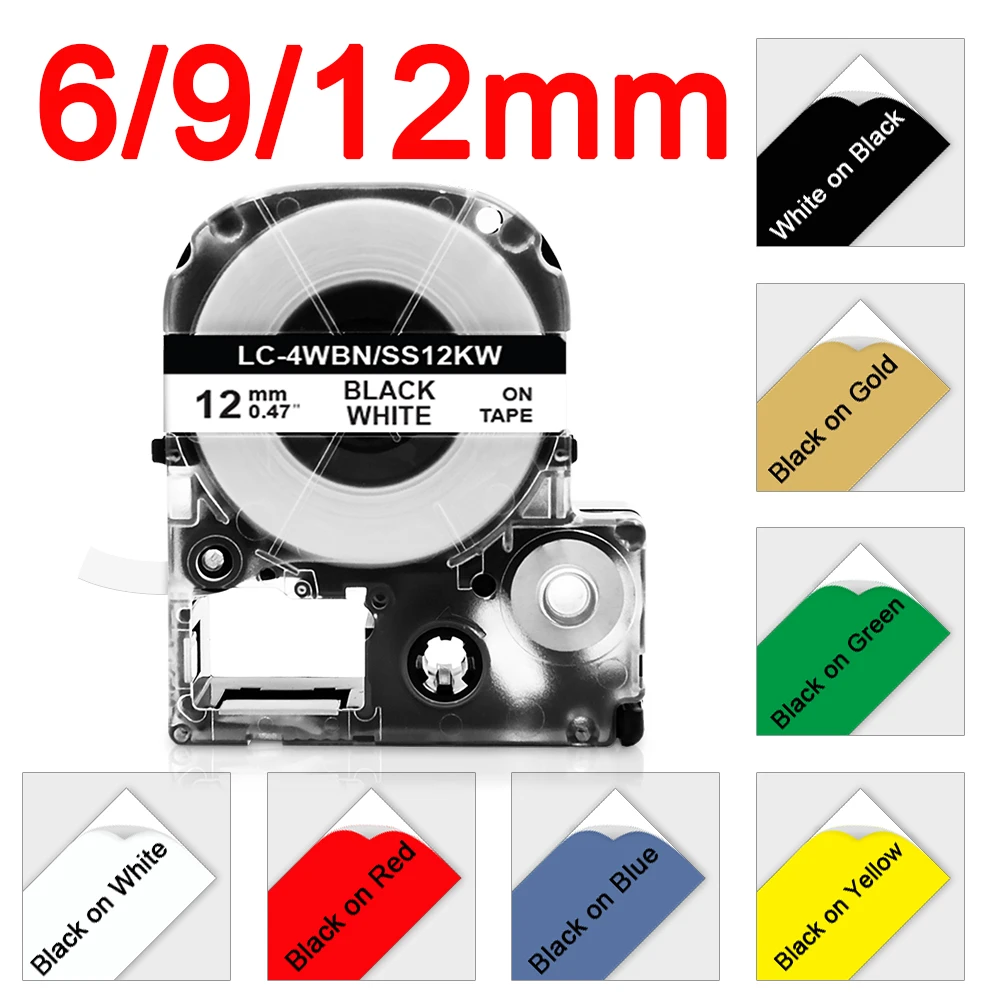 

1Pcs SS12KW Label Tape Compatible Epson Label Tape SS12KW SS9KW SS6KW SC12YW 6/9/12mm Label for Epson LW-300 LW-400 Label Maker