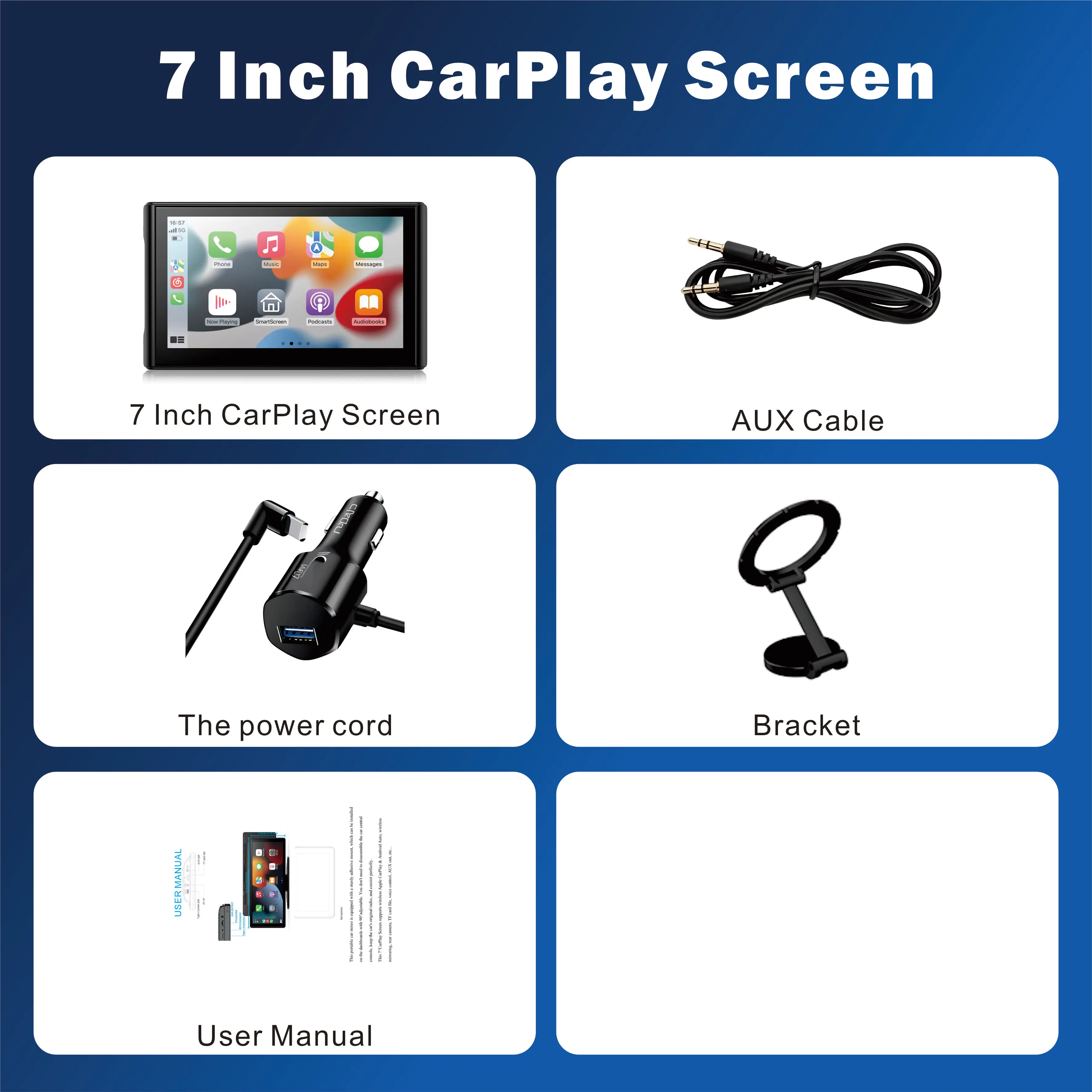 Pionrat Portable 7'' Wireless CarPlay Android Auto Screen Touchscreen w/ Bluetooth Navigation FM Voice Control Magnetic Mount 7