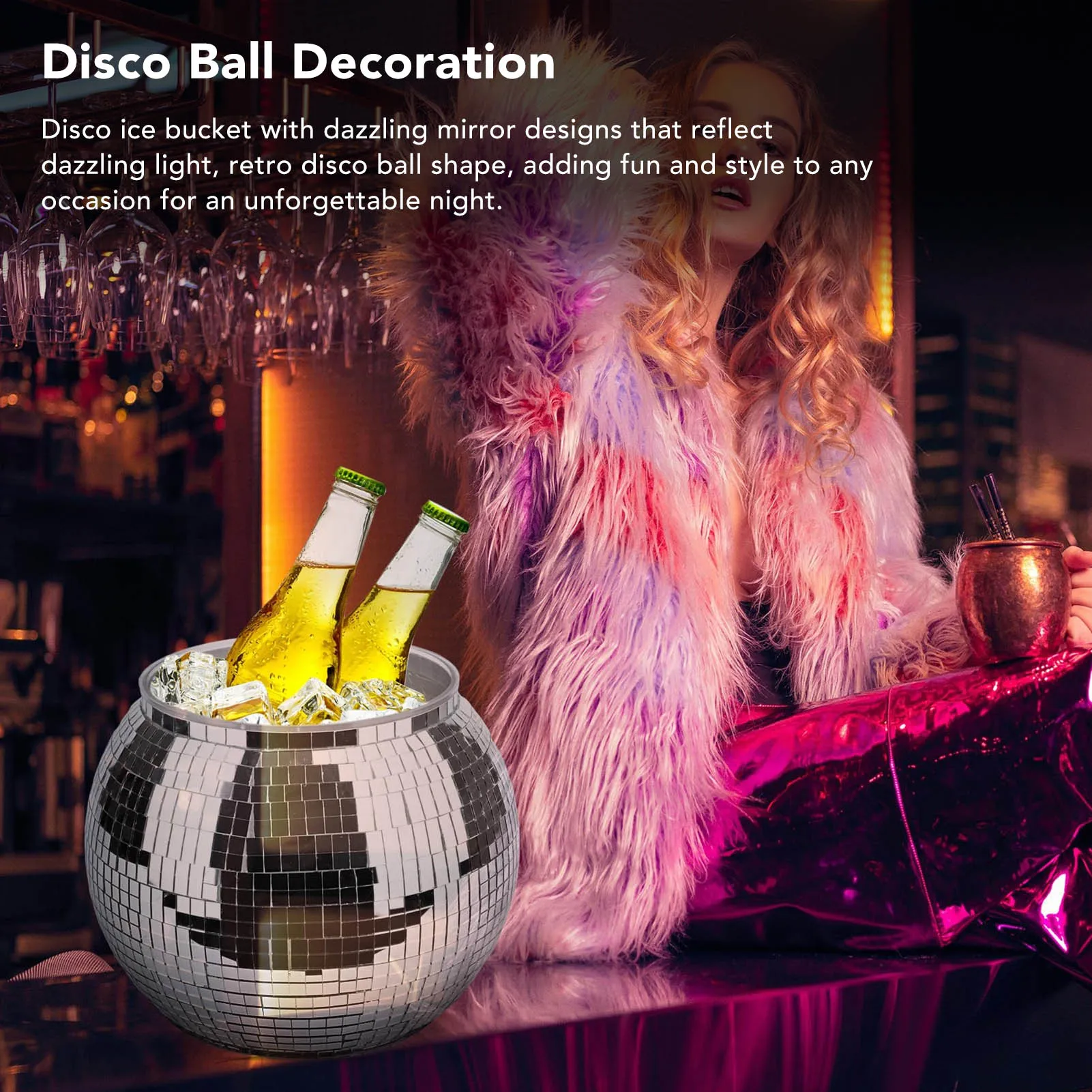 Ice Bucket Disco Ball Plastic Large Capacity Party Drink Bucket for Beer Cocktail Wine Silver