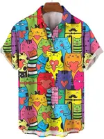 Hawaiian Oversized Men's Shirt Cartoon Cat Bird Pattern Floral Print Social Men Graffiti Clothing Vintage Harajuku New Summer 1