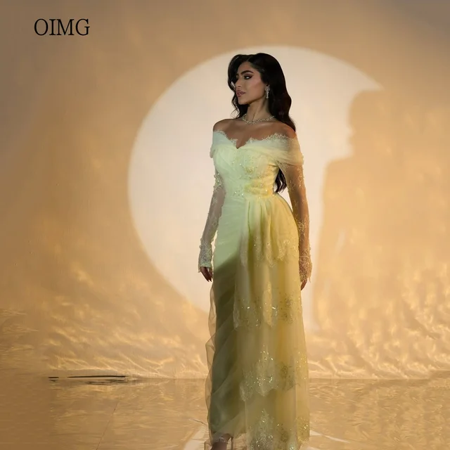 OIMG Luxurious Yellow Mermaid Prom Gowns Off The Shoulder Sequined Party Gown Saudi Floor Length Evening Dress Customized 2