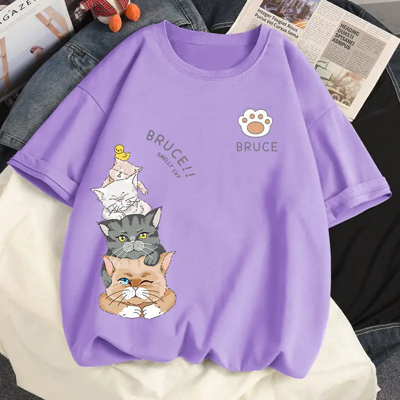 Cotton Cute Cat T Shirt Loose Size Short Sleeve T-shirt Summer Girl Student Top Tees T-shirt Women Clothing Plus 35-100kg petite maternity clothes