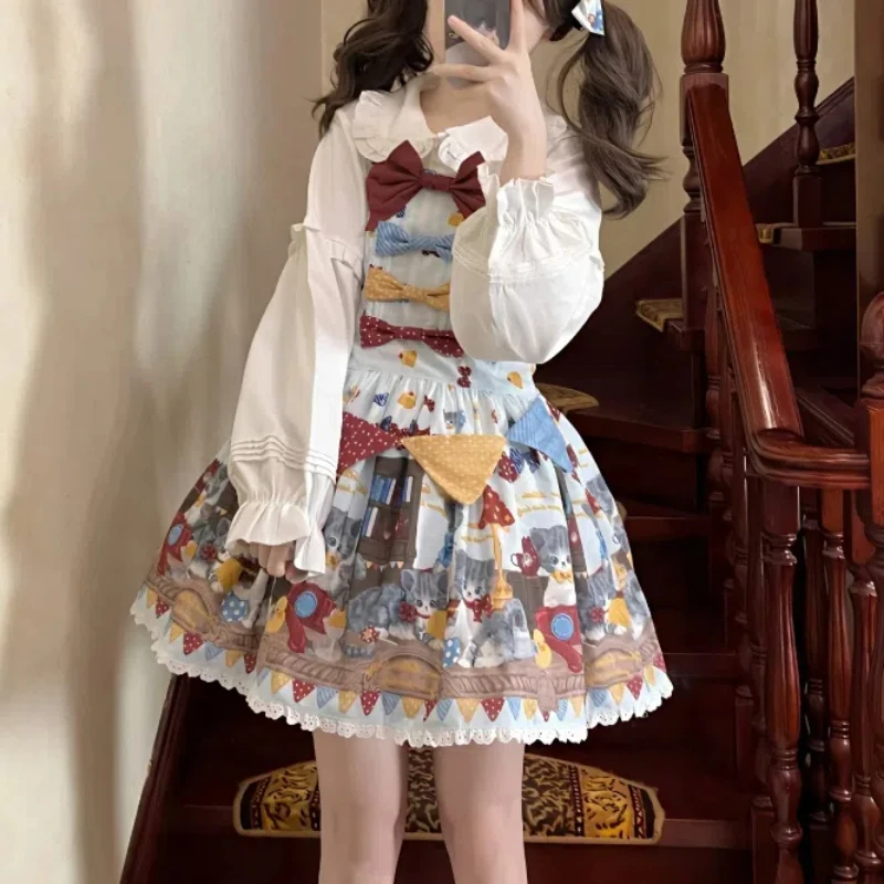 

Japanese Fresh Sweet Lolita Summer 2024 Spliced Bow Printing Fashion Slim Comfortable Loose All-match Sleeveless Slip Dress