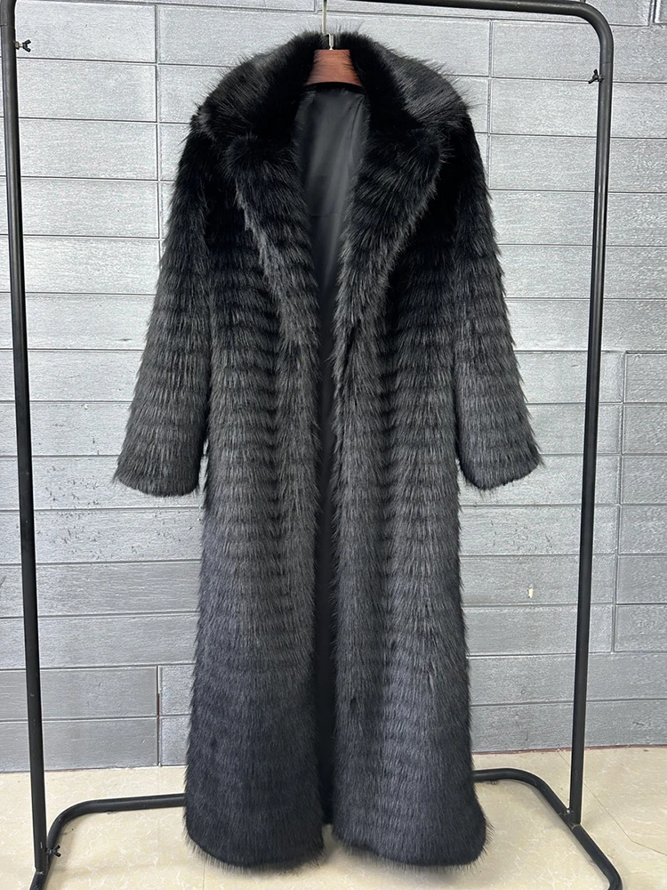 [EAM] Black Long Elegant Big Size Faux Fur Jacket New Lapel Long Sleeve Women Coat Fashion Tide Autumn Winter 2026 1DJ8886