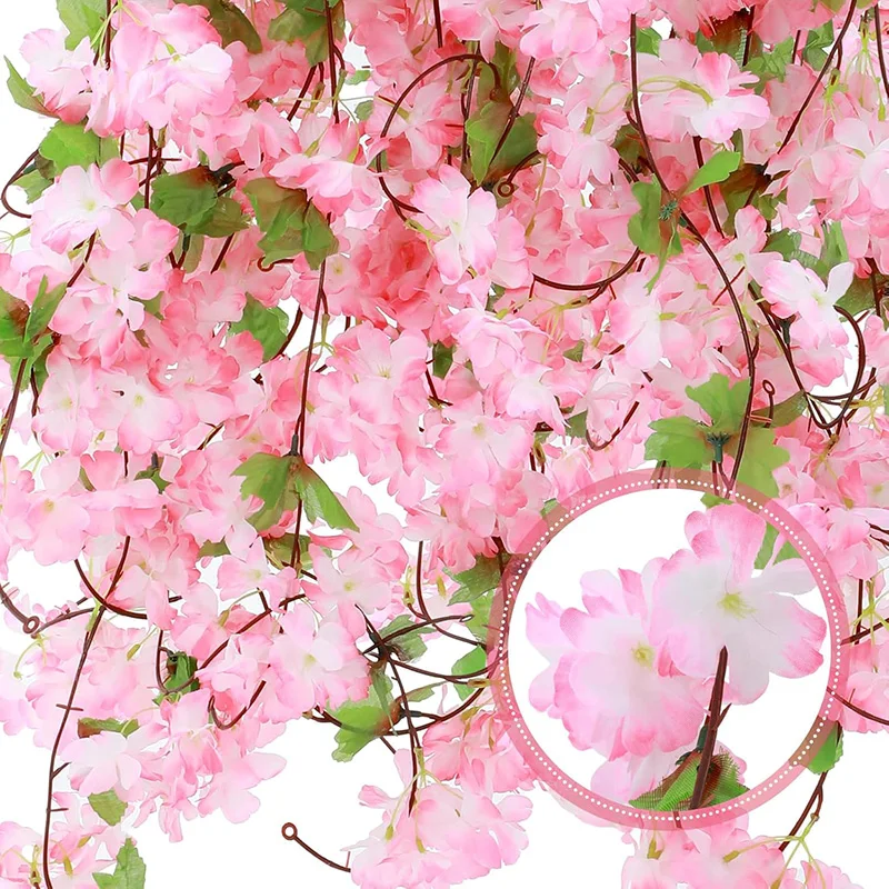 Artificial Cherry Blossom Flowers Vine Sakura Hanging Garland Wedding Arch Home Garden Decoration Silk Fake Plant Birthday Party