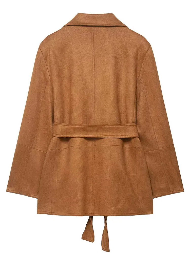 Women's Suede Suit Jacket Long Sleeve Flap Pockets With Belt Blazers Jackets Female Outerwear Chic Tops ﻿