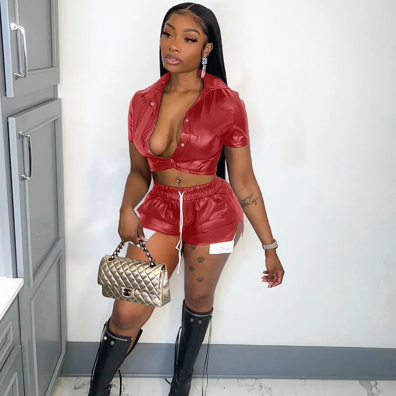 Sexy PU Leather Short Sets Summer Outfits for Women 2023 Club