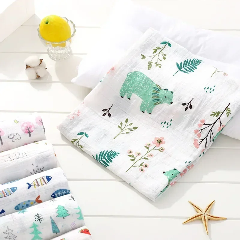 Cotton Muslin Blanket 110*120 cm Soft Muslin Cotton Baby Blanket Cute Cartoon Newborn Blankets Bath Gauze Infant Wrap Sleepsack Stroller Cover Towel