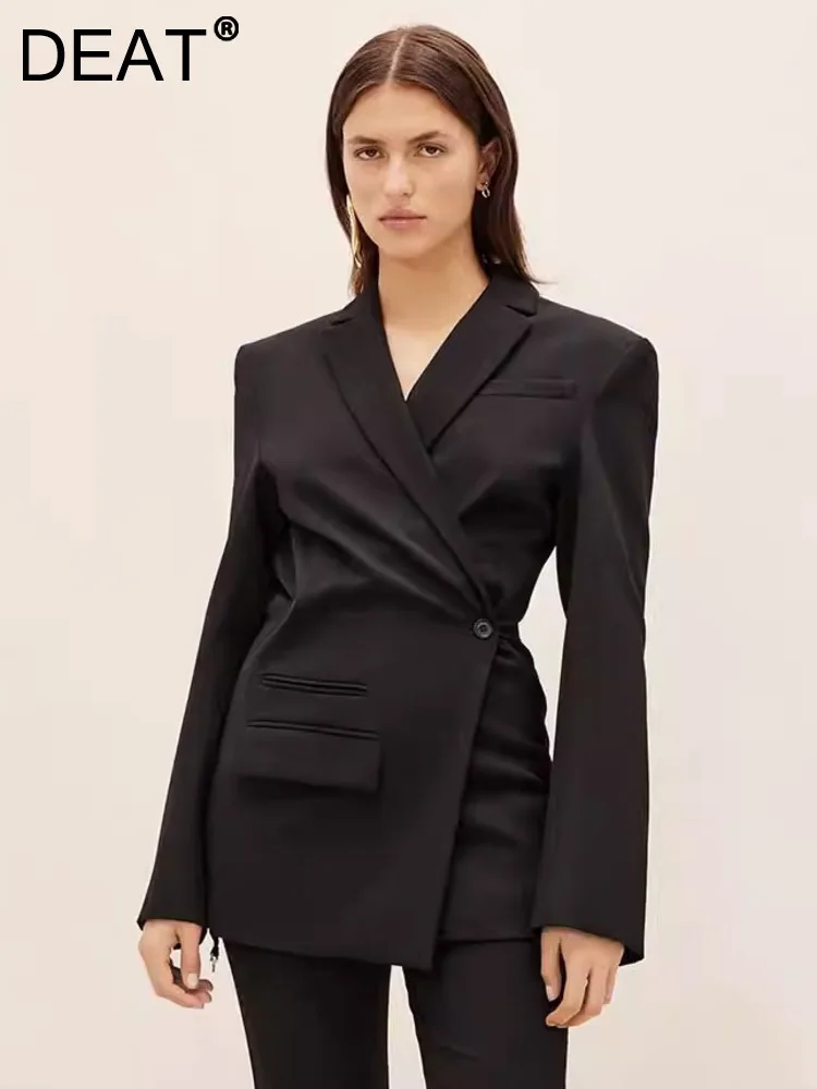 

DEAT Fashion Women's Blazer Notched Collar Double Breasted Diagonal Placket Shoulder Pad Suit Jackets Autumn 2023 New 7AB1680