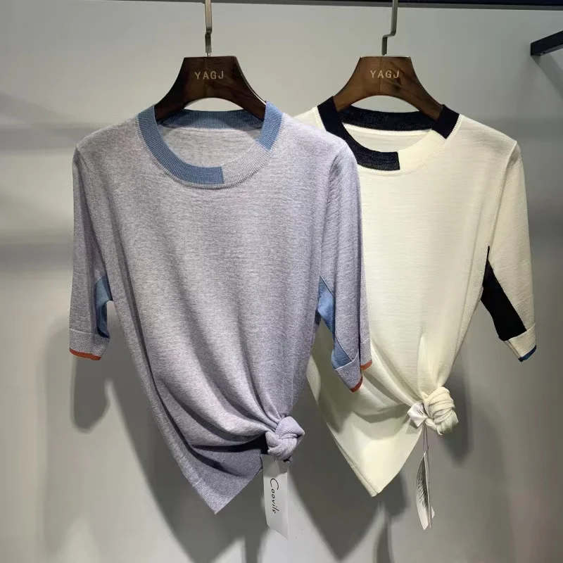 

2023 Summer New Worsted Wool Color Matching Knitwear Short Sleeve T-shirt Women's Round Neck Wool Sweater Thin Bottom Top