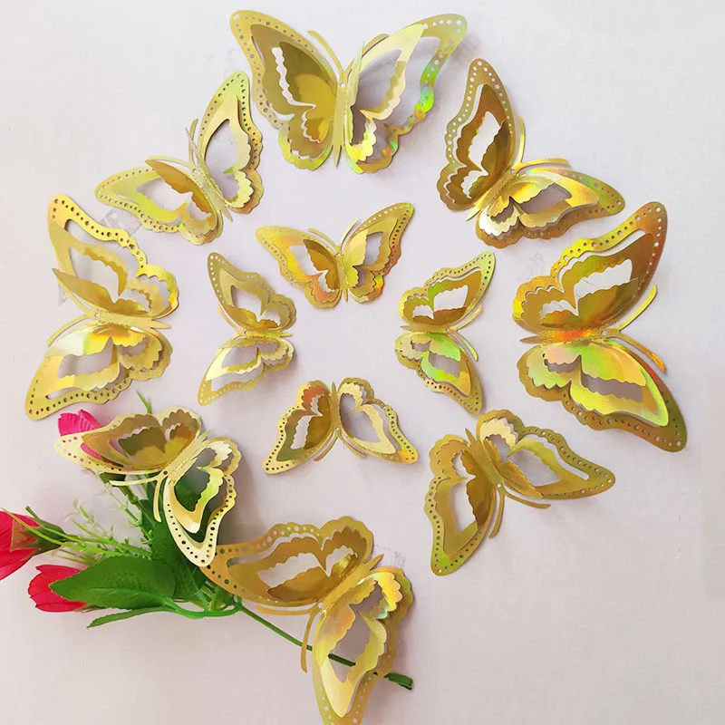 3D Effect Gradient Butterflies Wall Sticker 12pcs Living Room Wedding Decal Butterfly For Birthday Home Decor DIY Party Sticker