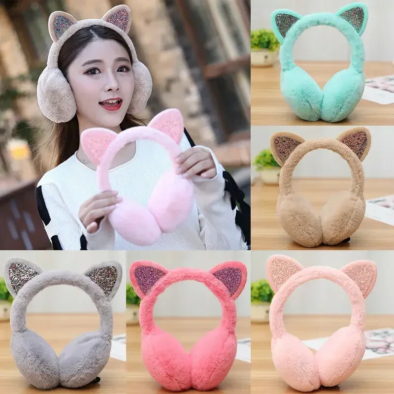 Lovely Winter Warm Cat Ear Warmers Glitter Ears Plush Earmuffs for Women Playful Girls Cold Protection