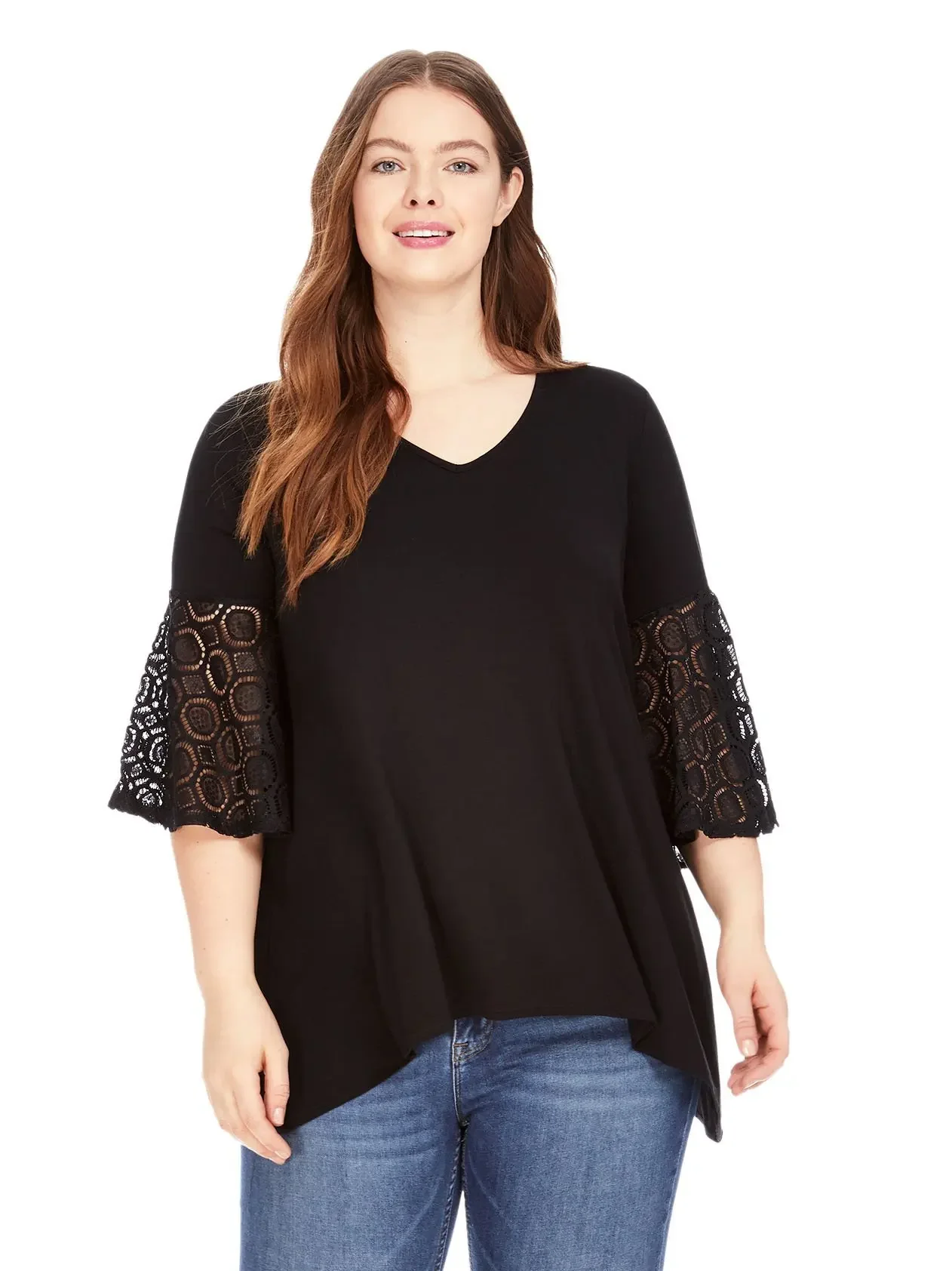 

Womens Contrast Flare Lace Sleeve Plus Size Casual T-shirt Sexy V-neck Loose Office A-line Summer Spring Knit Top Tee 5XL 6XL 7X