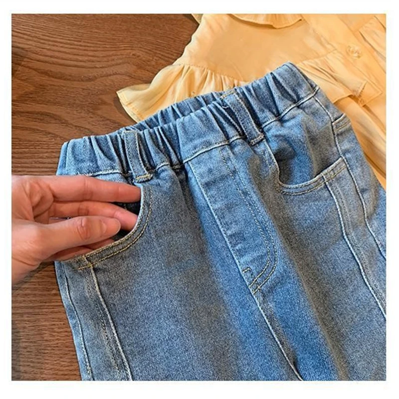 귀여운 하트 장식 소녀 데님 바지 패션 어린이 청바지, 탄성 데님 플레어 바지, 용수철 단색  청바지