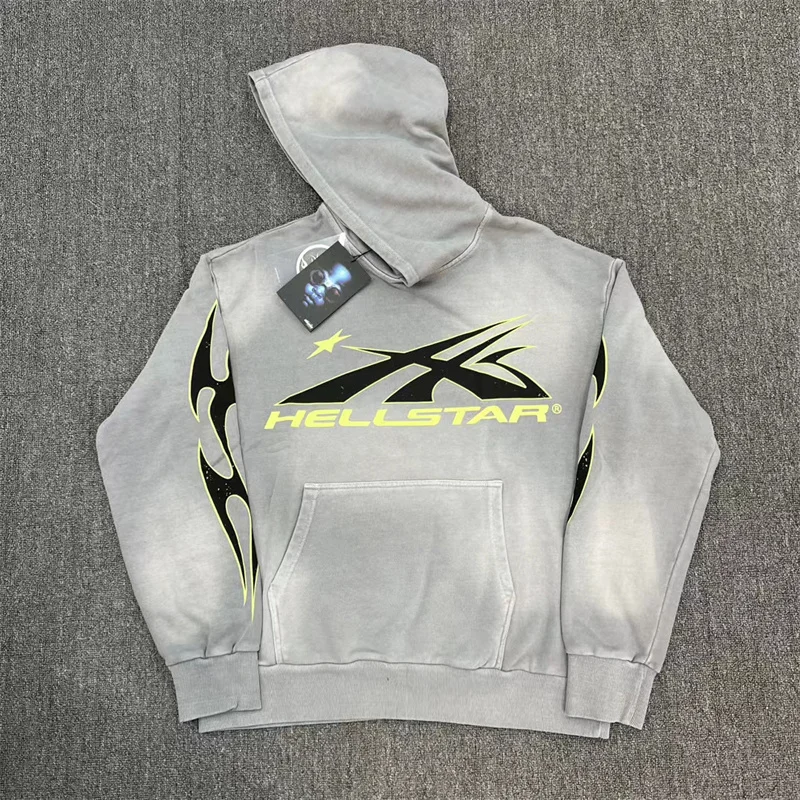

Hellstar Hoodie Retro Washed Simple Slogan Print Best Quality 1:1 Label Gray Loose Hoodie