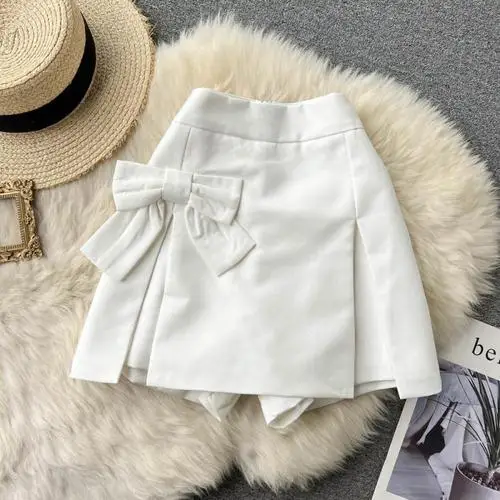 Koijizayoi Solid Women Bow High Waist Mini Short Zip Up Fashion Spring Autumn 2022 New Style Split Skirt Shorts Chic Japan Style plus size clothing Shorts