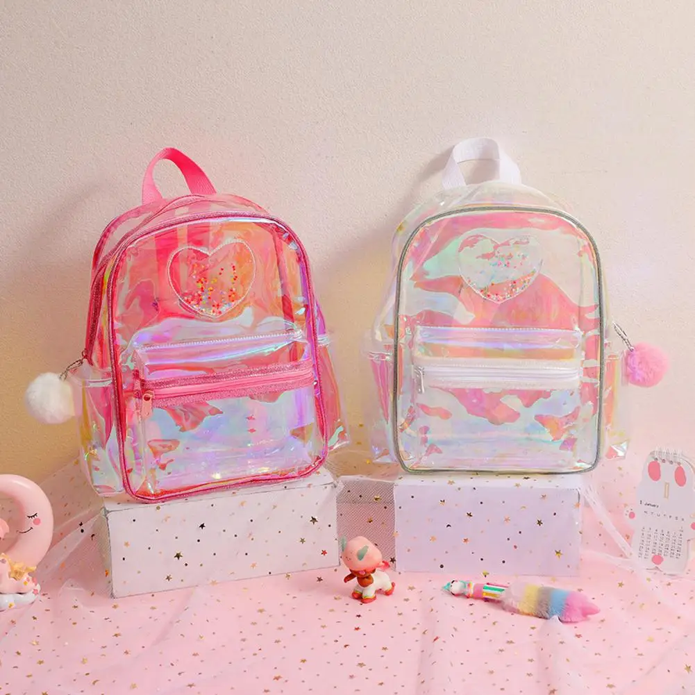 Transparent Backpack Adjustable Shoulder Strap Large Capacity Waterproof Heart Pattern Girls Teenage School Book Bag Stationery 3