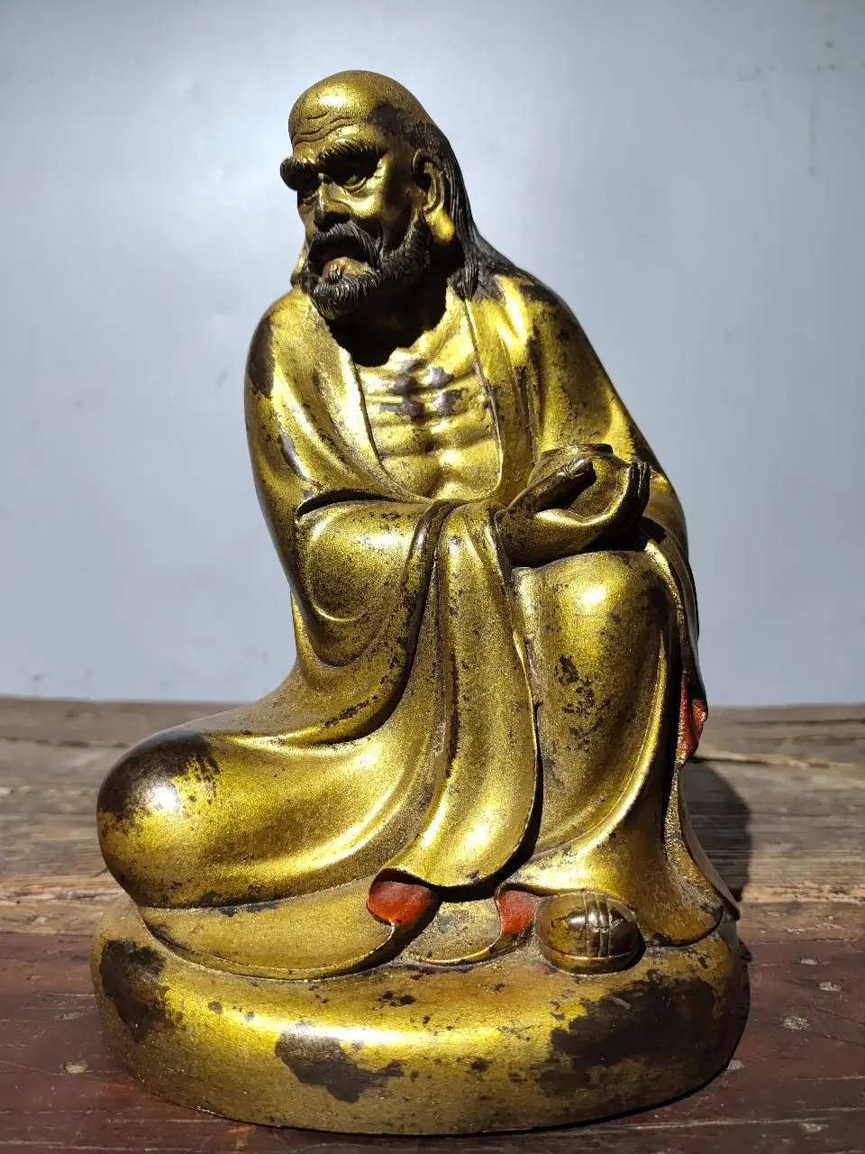 

9"Tibetan Temple Collection Old Bronze Mud gold Cinnabar Dharma Patriarch Bodhidharma Worship Hall Town house Exorcism