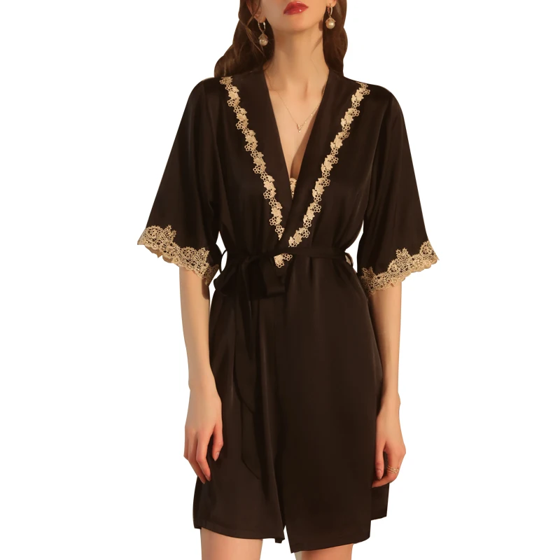 Sexy Mousse Sweet Girl Private Room Pajamas Lace Embroidered Suspender Skirt Solid Color Lace Cardigan Home Clothes Suit 2023