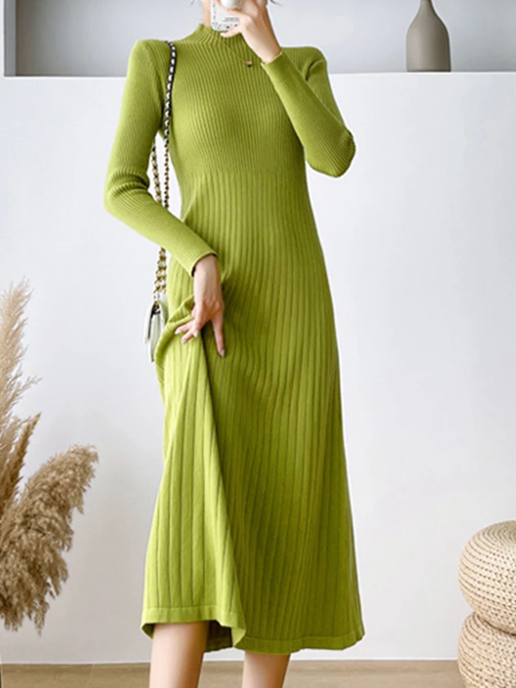 

Winter Knitted Sweater Dress Women Slim Maxi Dress Long Sleeve Party Midi Dress Female Elegant Solid Half High Collar Long Dress