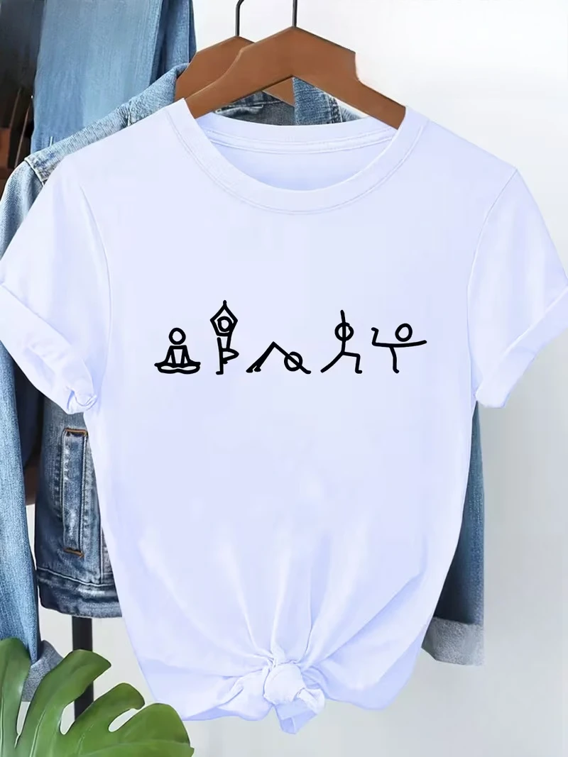 Damen-T-Shirt, modisches und schlichtes Yoga-Action-Design-Print, lässiges Sommer-Oberteil, Alltagskleidung für drinnen und draußen mit Buchstabenmuster