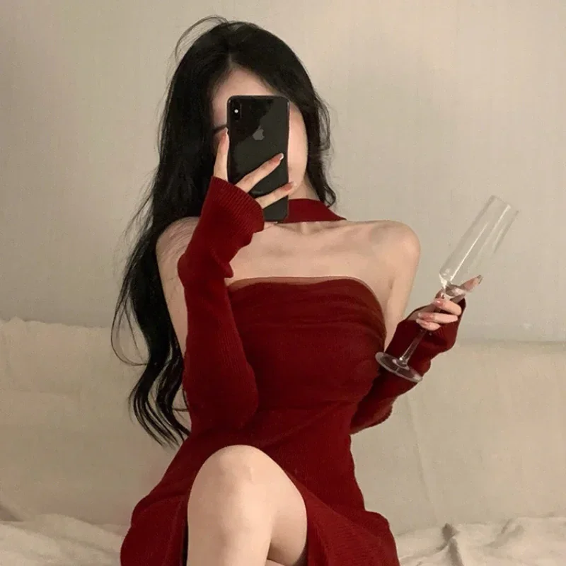 여성용 레드 니트 Y2k 드레스, 민소매 홀터 스플릿 섹시 솔리드 스트레치 슬림 핏, 백리스 레트로 파티 드레스, 우아한