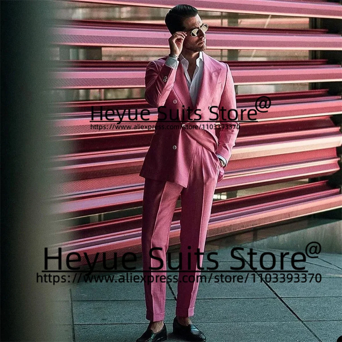 Casual Pink Fashion Men 2 Pieces Sets Custome Slim Fit Peak Lapel Groom Prom Tuxedos Wedding Classic Male Blazer Costume Homme