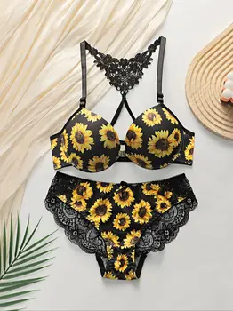 Women's sexy lingerie set with front buckle chrysanthemum pattern and steel ring gathering push up underwear set A3116