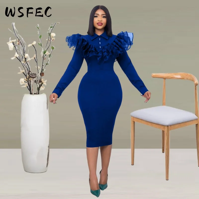 

Женское платье-карандаш с длинным рукавом и оборками