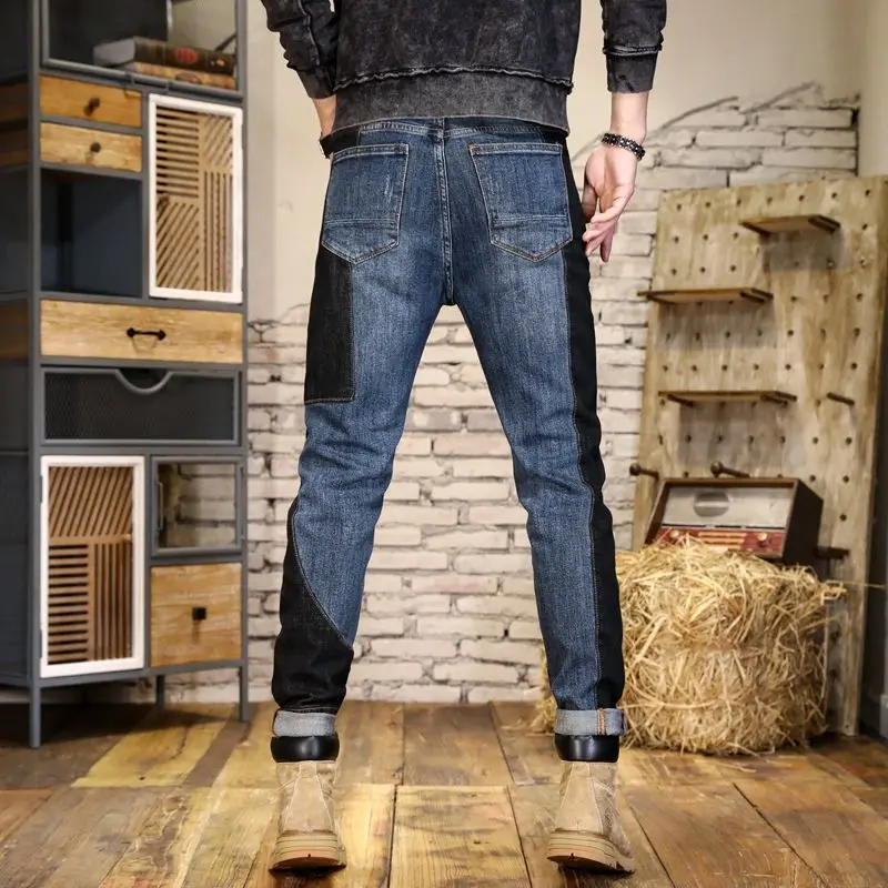 New Handsome Personalized Embroidery Print  Panel Contrast Light Blue Men's Jeans Vintage Stretch ripped Jeans cargo jeans