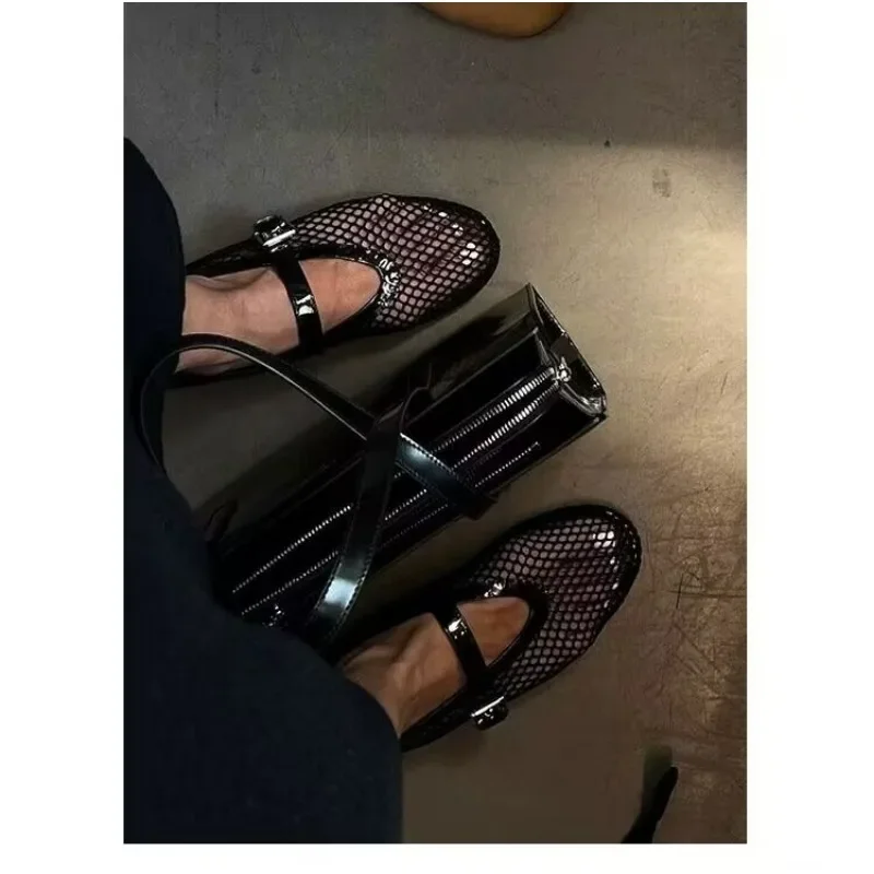 2024 Ballet Flat Shoes Woman Mesh Hollow Outs Mary Jane Flats Black Loafers Summer Walking Footwear Size 42