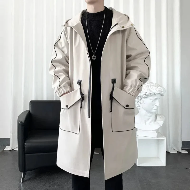 Spring New Men Korean Trend Loose Over the Knee Parka Handsome Pocket Long Sleeved Drawstring Hooded Windbreaker Coat