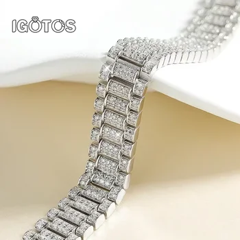 IGOTOS 1.2mm Moissanite Watch Chain Bracelet 925 Sterling Silver Certified Women Men Full Diamond Bangle Fine Jewelry