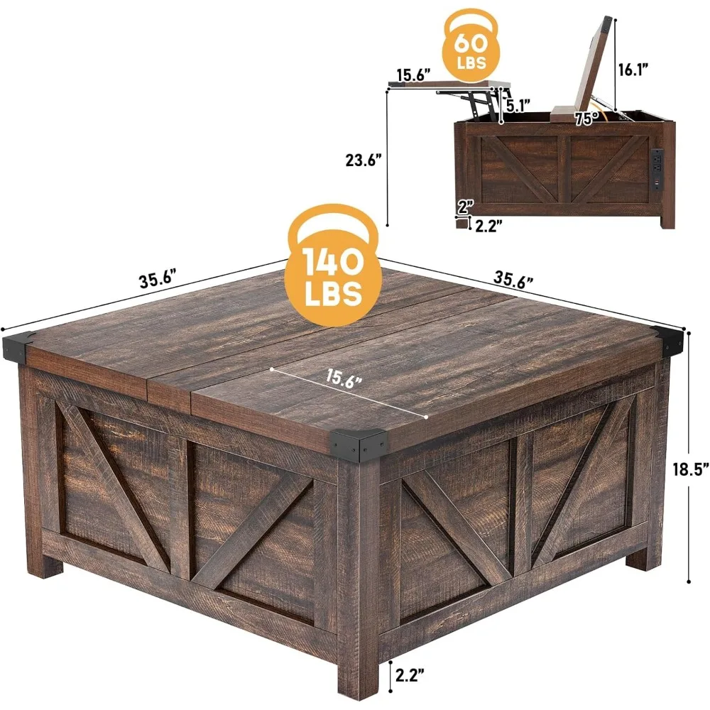 Farmhouse Lift Top Coffee Table with Storage,Wood Square Center Table with Charging Station&USB Ports, Living Room Central Table 2