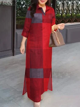 Estate Primavera Abiti da donna 2025 ZANZEA Vintage Plaid a quadri Vestito estivo Risvolto Collo Manica 3/4 Abito camicia Maxi Abiti Robe 1