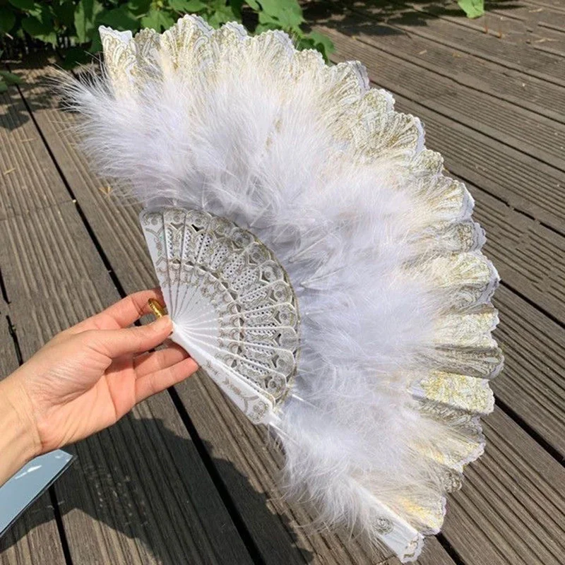 Chinese Style Vintage Retro Foldable Hand Fan Feathers Lace
