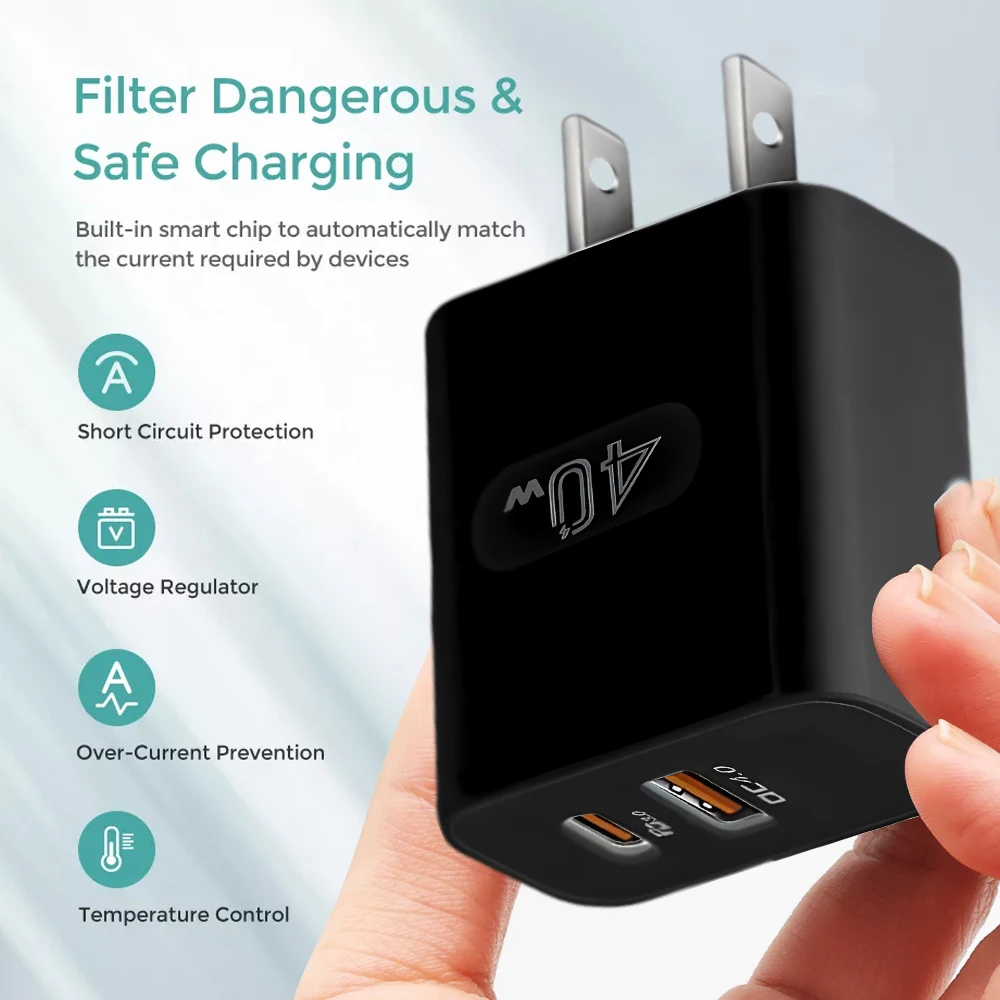 USB C Charger 40W Fast Charging Charger 2Ports Type C Mobile Phone Charger PD Power Adapter for Samsung Xiaomi for iPhone QC3.0