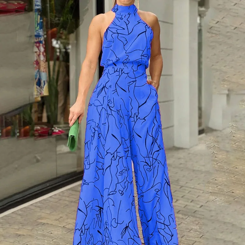 AliExpress Women's 2024 New Popular Elegant Round Neck Tie up Zipper Sleeveless Off Shoulder Style Loudspeaked Wide Leg jumpsuit