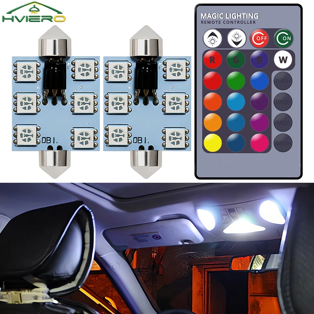 2X RGB 6SMD Lampki do czytania na dachu C5w Samochodowe zdalnie sterowane nastrojowe światło powitalne Led Kierunkowskaz Żarówka bagażnika