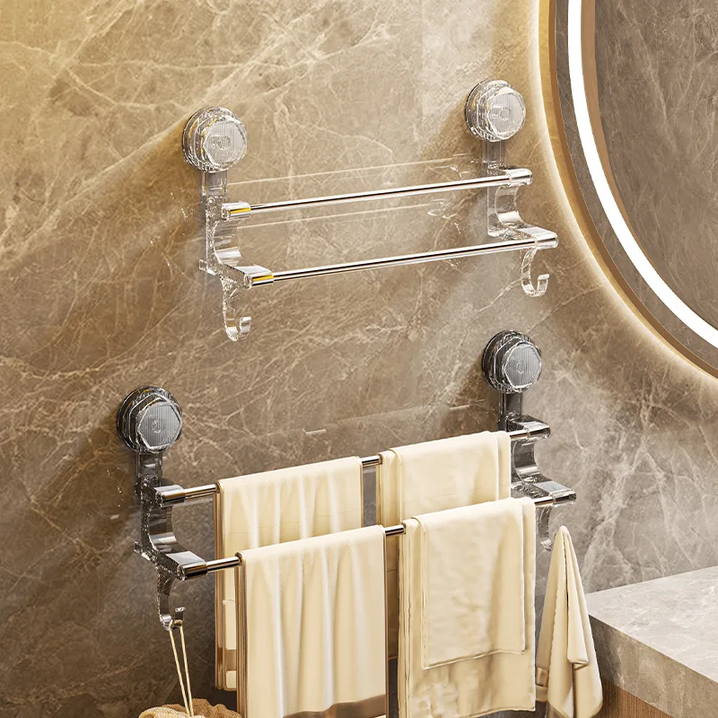 3830 Double-pole Suction Cup Towel Rack Bathroom Towel Storage With Hook Wet and Dry Dual-use