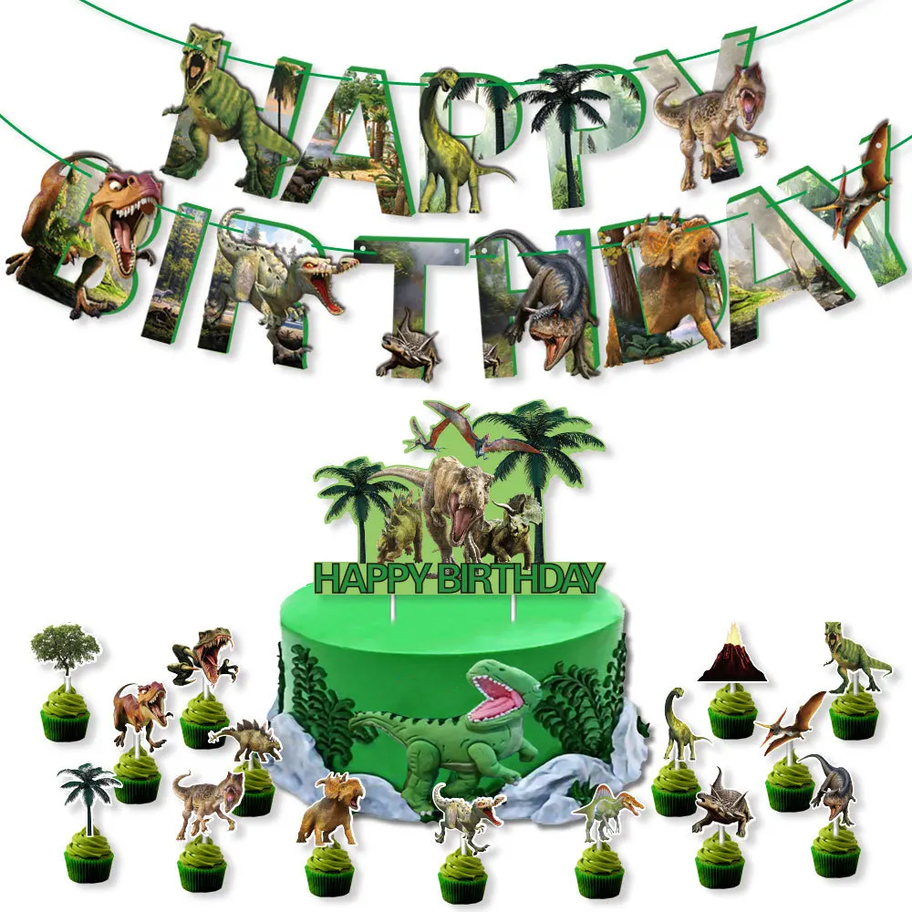 

Dinosaur Cake Topper Flags Happy Birthday Tyrannosaurus Rex Tree Cupcake Toppers Baby Shower Party Dessert Baking Supplies Decor