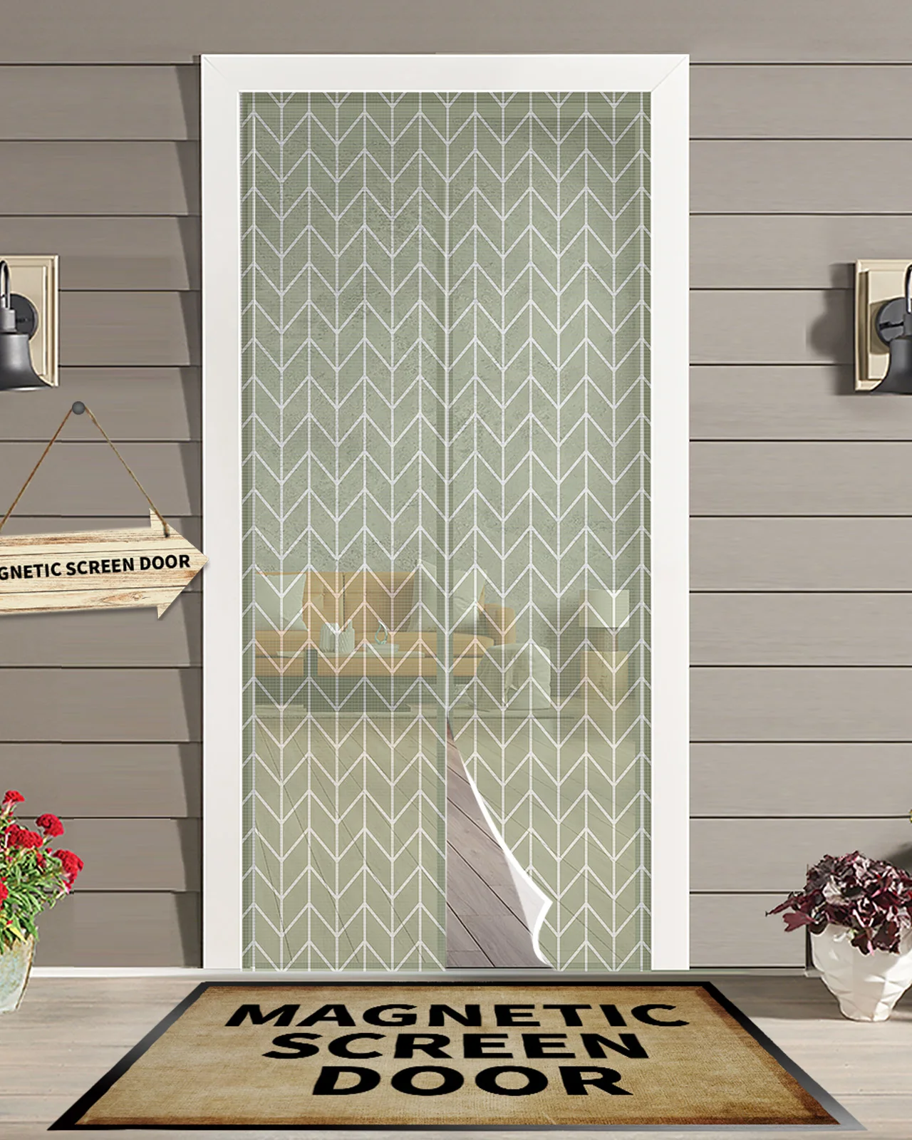 

Sage Green Geometric Texture Magnetic Door Curtain Summer Living Room Bedroom Home Anti-mosquito Screen Door Curtain
