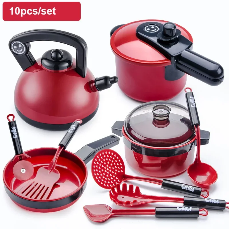 Children Kitchen Cookware Pretend Play Set Fruit Food Toys Simulation Kitchen Pot Pan Kids Toys For Girls Doll Food Red