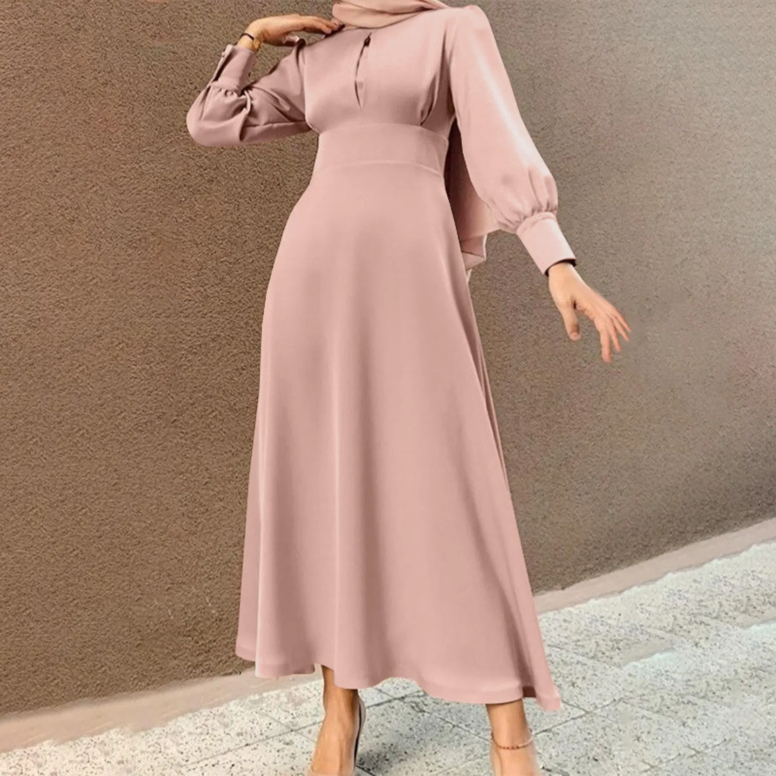 

Vintage Robe Female Muslim Long Sleeve Dress Solid Color High Waist Tunic Long Dresses Vintage Pullover Abaya Prayer Clothes