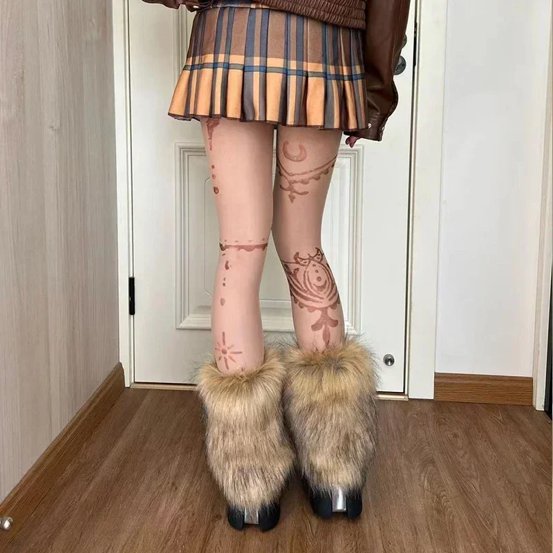 빈티지 모조 모피 모피 레그 워머 뜨거운 소녀 Y2k 갈색 털이 겨울 따뜻한 모피 부츠 양말 펑크 Jk 무릎 길이 힙합 양말
