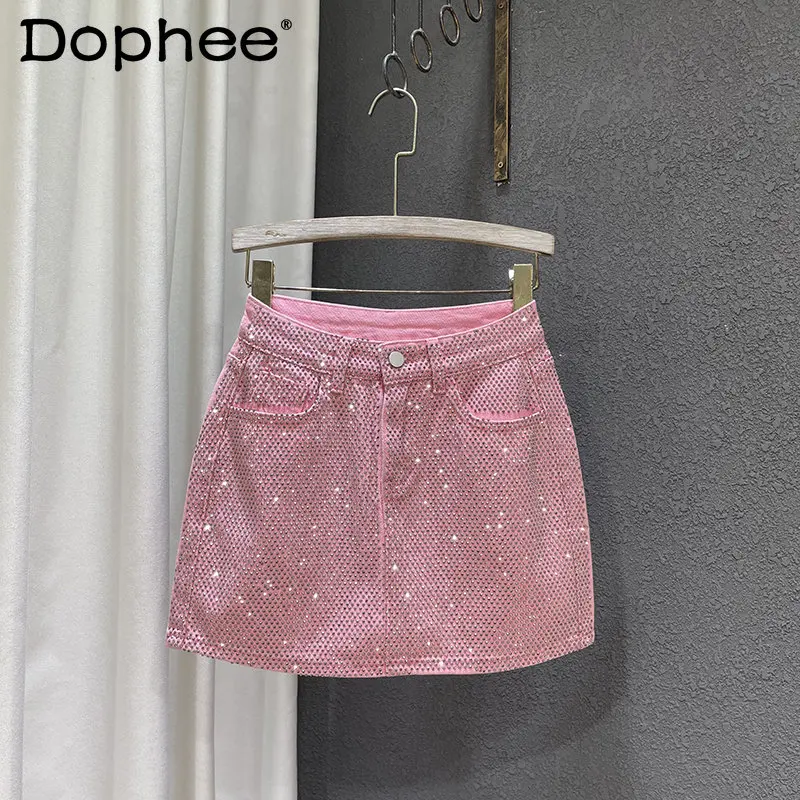 

2023 Summer New Slim-Fit Short Jean Skirts High Waist Rhinestone Retro Denim Skirt Women's Full Diamond A-line Hip-Wrapped Skirt